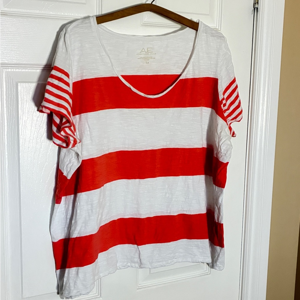 Addition Elle 3X Plus Size Cotton Tee White Coral Red Striped Short Sleeve